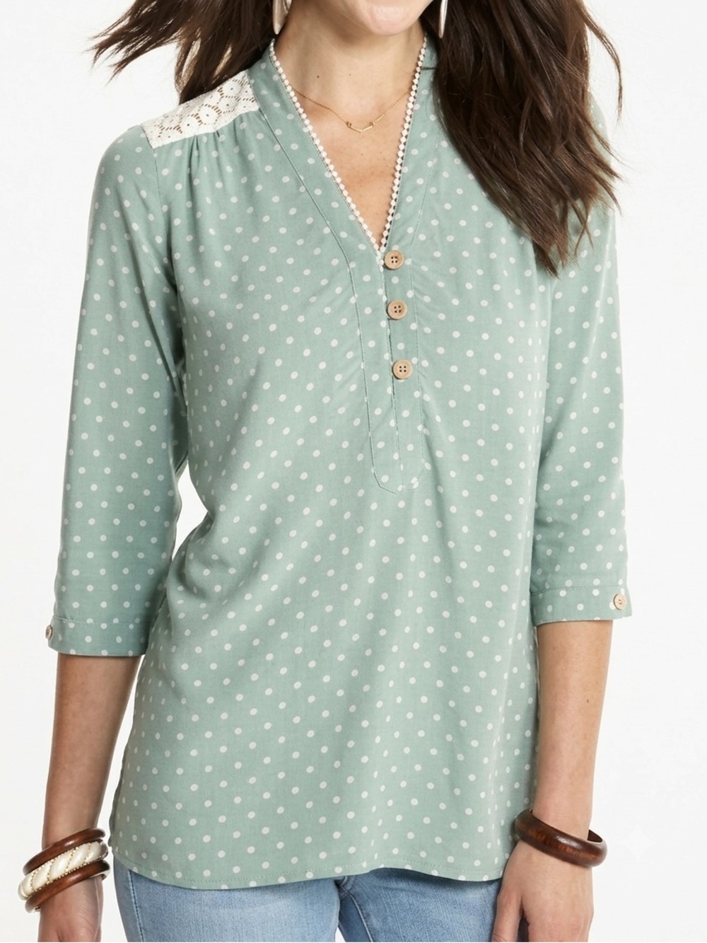 Matilda Jane White Lace Top with Mint Polka Dot Trim Sz Med